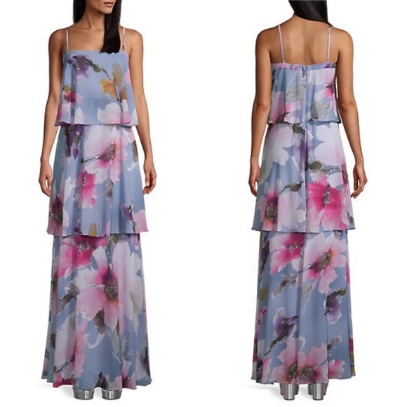 New Aidan Mattox Floral Tiered Square Neck Maxi Dress - Picture 2 of 7